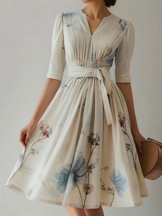 Elegant V-Ausschnitt Geblümt Kleid mit Gürtel