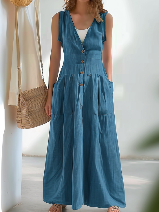 Regelmäßige Passform Elegant V-Ausschnitt Baumwolle Kleid
