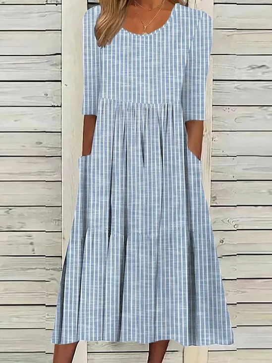 Damen-Kleid halbärmelig für den Sommer gestreift Rundhalsausschnitt für den Alltag zum Ausgehen lässig Midi-A-Linien-Kleid Blau