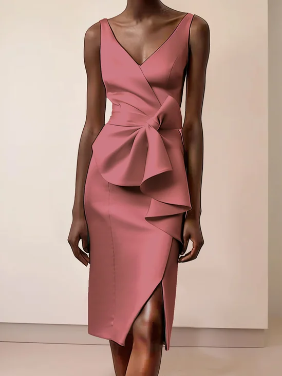Damen Ärmellos Sommer Unifarben Gerüscht Kleid V-Ausschnitt Cocktail Ausgehen Urban Midi H-Linie Pink