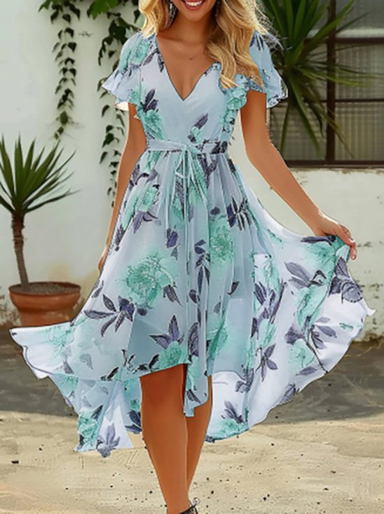 Damen Geblümt Sommerkleid Urlaub Chiffon Midikleid A-Linien