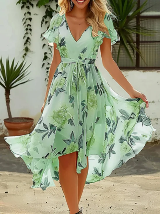 Damen Geblümt Sommerkleid Urlaub Chiffon Midikleid A-Linien