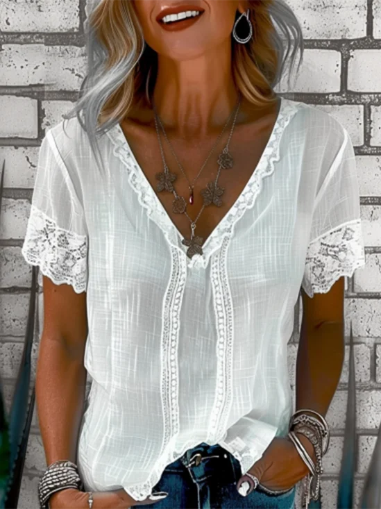 Damen Kurzarm Bluse Sommer Unifarben Spitze V-Ausschnitt Täglich Ausgehen Lässig Oberteile Weiß