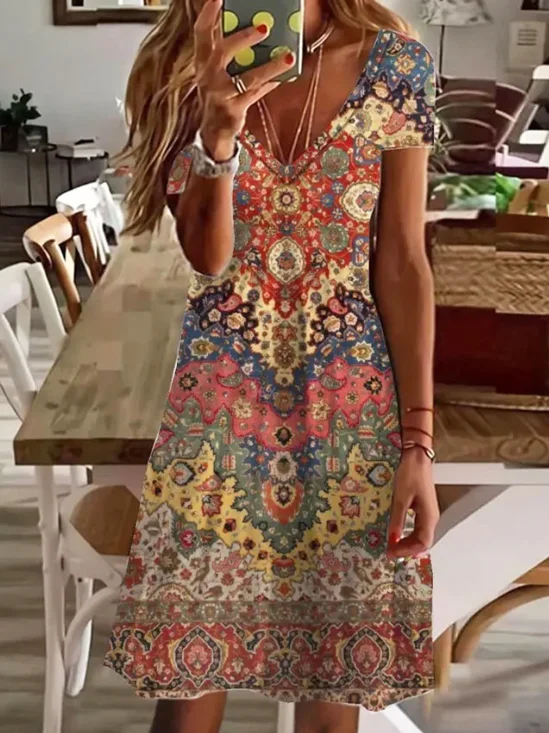 Damen Kurzarm Sommer Ethnisch V-Ausschnitt Täglich Ausgehen Lässig Mini H-Linie Multifarben Kleid