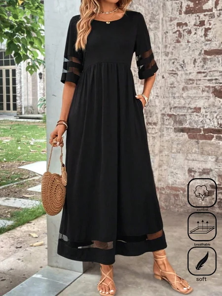 Damen-Kleid kurzärmelig Sommer einfarbig Rundhalsausschnitt Alltag Ausgehen lässig Maxi-Kleid in A-Linie Schwarz