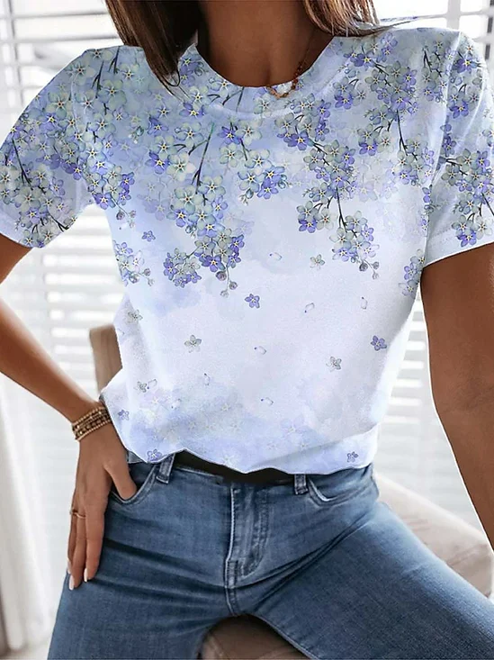 Damen Kurzarm T-Shirts T-Shirt Sommer Geblümt Rundhals Täglich Ausgehen Lässig Oberteile Farbe 1