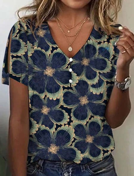 Damen Kurzarm T-Shirts T-Shirt Sommer Geblümt Schnalle V-Ausschnitt Lässig Oberteile