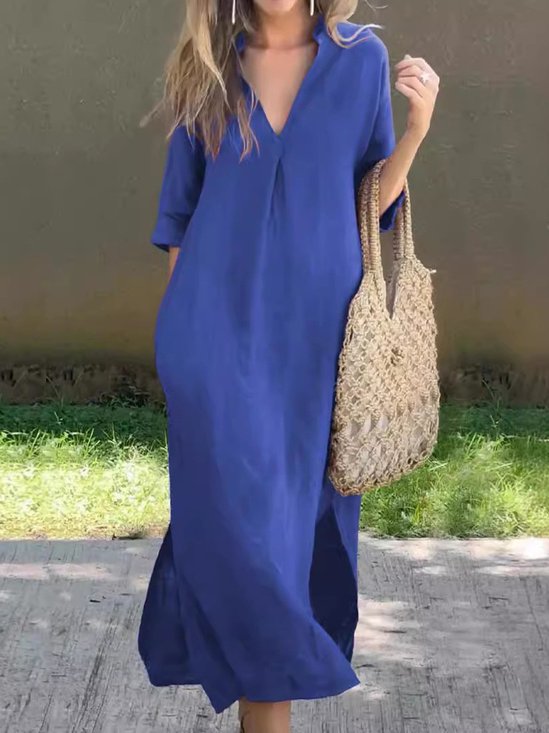 Damen Unifarben Kurzarm Sommer Kleid V-Ausschnitt Täglich Lässig Maxikleid H-Linie Kleid