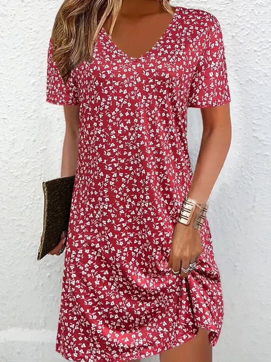 Damen Kurzarm Sommer Blumenmuster Kleid V-Ausschnitt Täglich Ausgehen Lässig Mini T-Shirt-Kleid H-Linie Kleid