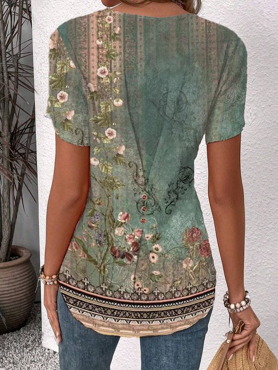Damen-Bluse mit kurzen Ärmeln  Sommer  Ethno  geknöpft  gekerbt  Blütenblatt-Ärmel  Alltag  Ausgehen  einfaches Oberteil  Grün