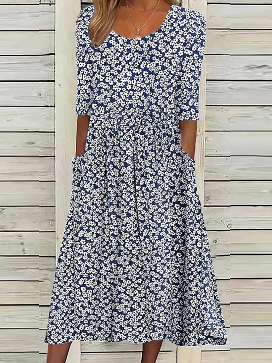 Damen Halbarm Sommer Blumenmuster Kleid Rundhals Täglich Ausgehen Lässig Midi H-Linie Blau