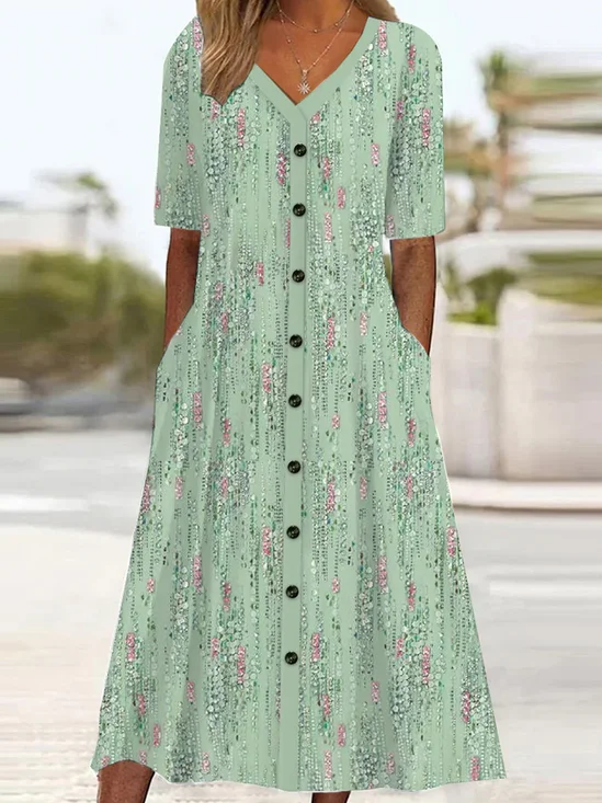 Damen Kurzarm Sommer Geblümt Kleid V-Ausschnitt Täglich Ausgehen Lässig Midi A-Linien Grün
