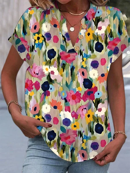 Damen Lässig Geblümt Sommerbluse Weit Lässig V-Ausschnitt Shirts