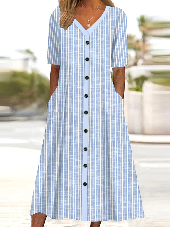 Damen Kurzarm Sommer Gestreift Schnalle Baumwolle Kleid V-Ausschnitt Täglich Ausgehen Lässig Midi A-Linien Blau