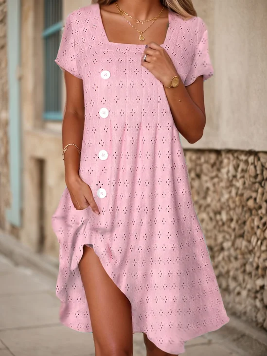 Damen Kurzarm Sommer Unifarben Schnalle Baumwollmischung Karree-Ausschnitt Täglich Ausgehen Lässig Midi H-Linie Pink Kleid