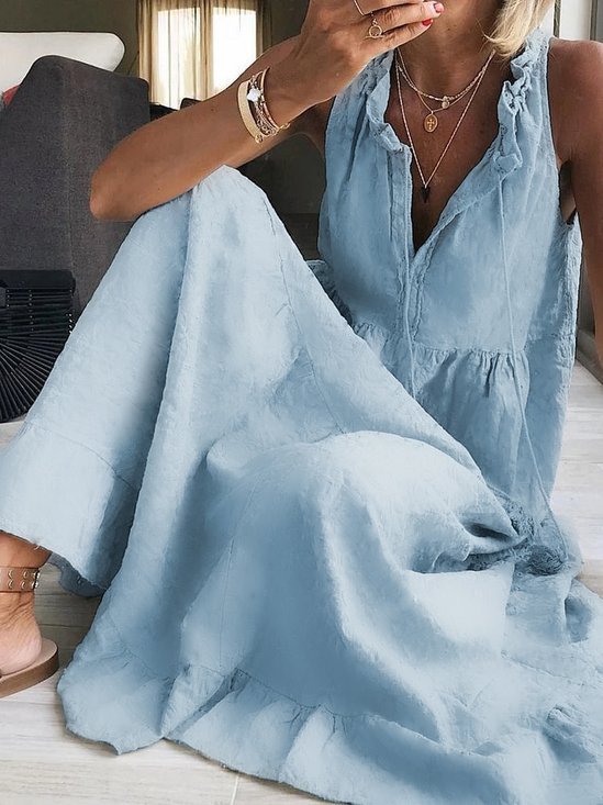 Damen Ärmellos Sommer Unifarben Jacquard Baumwolle Kleid V-Ausschnitt Täglich Ausgehen Lässig Maxikleid A-Linien Blau