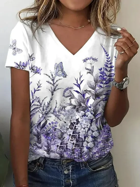 Damen Kurzarm T-Shirts T-Shirt Sommer Geblümt V-Ausschnitt Täglich Ausgehen Lässig Oberteile Lila