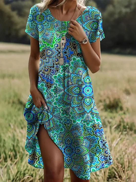 Damen Kurzarm Sommer Ethnisch Gestrickt Kleid Rundhals Täglich Ausgehen Lässig Midi H-Linie T-Shirt-Kleid Grün