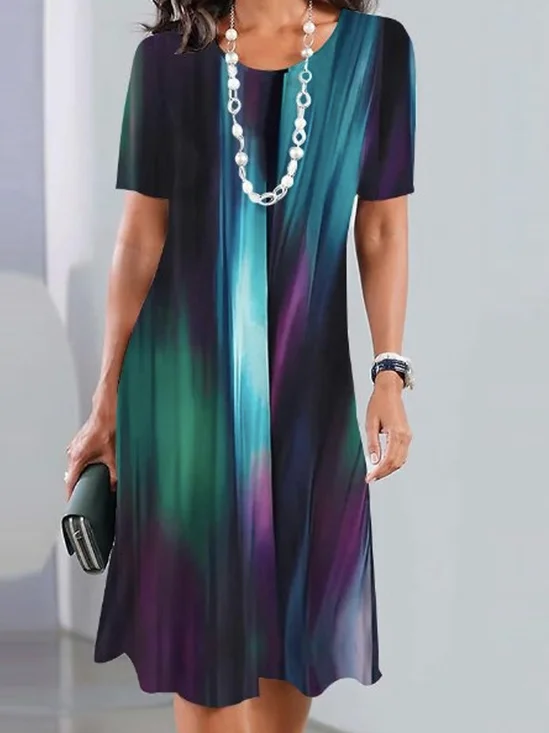 Damen Kurzarm Sommer zufällig Print Tasche Patchwork Kleid Rundhals Täglich Ausgehen Lässig Midi H-Linie Multifarben