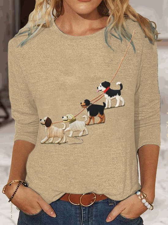 Damen Langarm T-Shirts T-Shirt Frühling/Herbst Hund Baumwollmischung Rundhals Täglich Ausgehen Lässig Oberteile