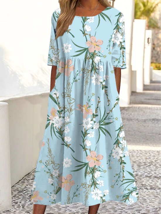 Damen Kurzarm Sommer Geblümt Tasche Patchwork Kleid V-Ausschnitt Täglich Ausgehen Lässig Midi A-Linien Farbe 1