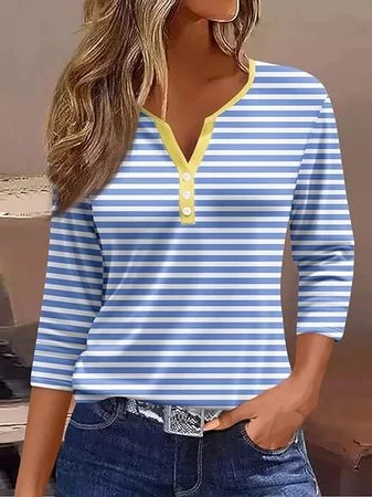 Damen Dreiviertelärmel T-Shirts T-Shirt Frühling/Herbst Gestreift Jersey V-Ausschnitt Täglich Ausgehen Lässig Oberteile Blau