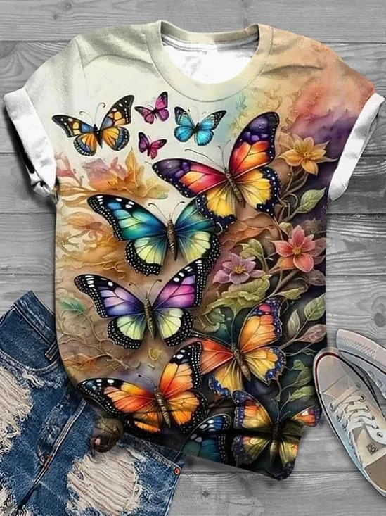 Damen Geblümt Kurzarm T-Shirts T-Shirt Rundhals Lässig Sommer Oberteile