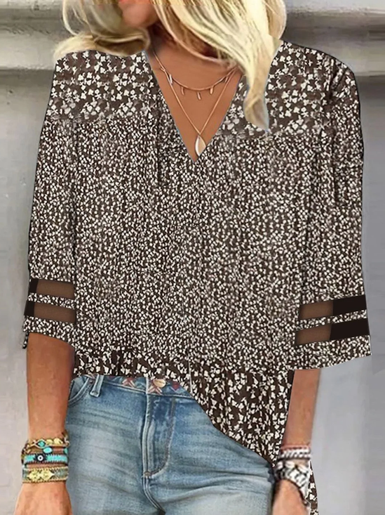 Damen Dreiviertelärmel Bluse Frühling/Herbst Blumenmuster Mesh V-Ausschnitt Täglich Ausgehen Lässig Oberteile