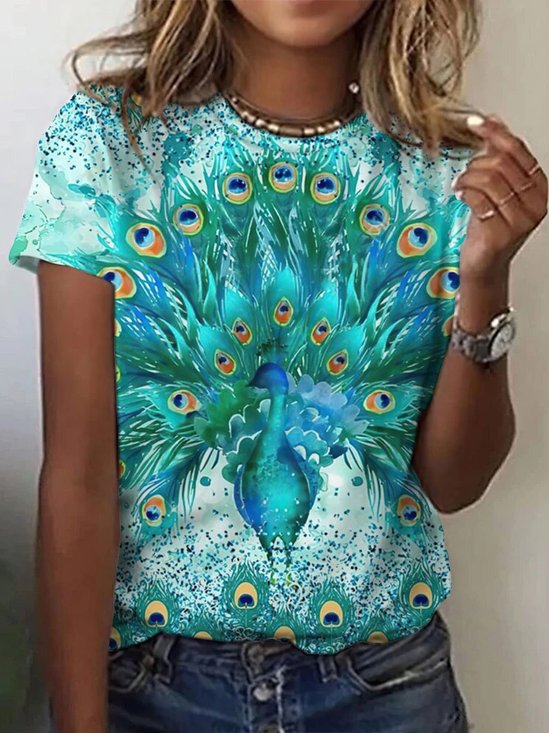 Damen Pfauenblau Kurzarm T-Shirts T-Shirt Rundhals Lässig Sommer Oberteile