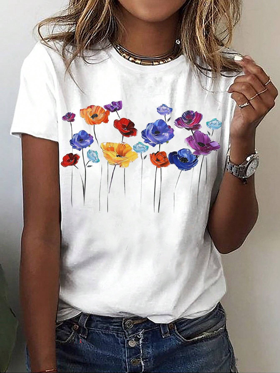Damen Kurzarm T-Shirts T-Shirt Sommer Geblümt Rundhals Lässig Oberteile