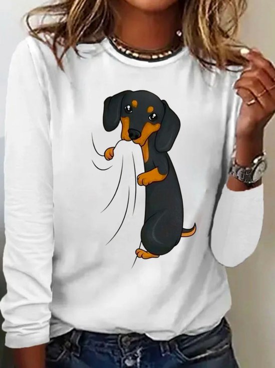 Damen Langarm T-Shirts T-Shirt Frühling/Herbst Hund Baumwolle Rundhals Täglich Ausgehen Lässig Oberteile