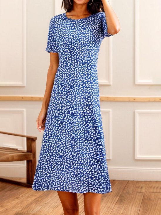 Damen Kurzarm Sommer Polka Dots Kleid Rundhals Täglich Ausgehen Lässig Midi A-Linien Blau