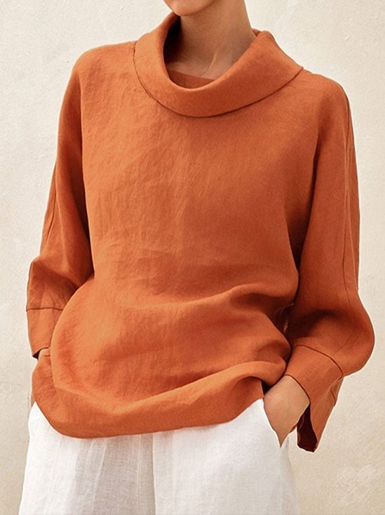 Damen Langarm Bluse Frühling/Herbst Unifarben Baumwolle Leinen Mock Neck Täglich Ausgehen Lässig Oberteile Orange