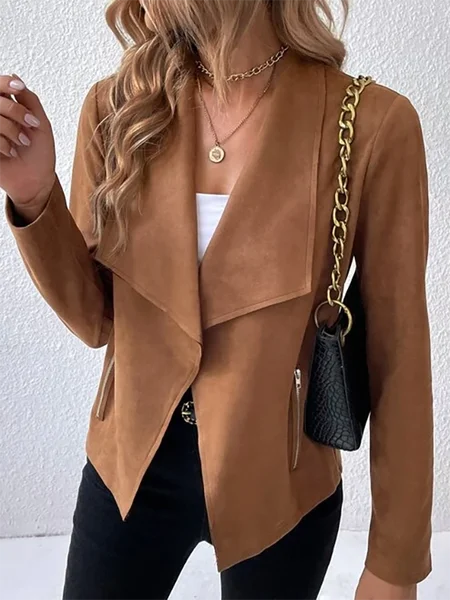 Damen Frühling/Herbst Oberbekleidung Lässig Veloursleder Reißverschluss Unifarben Langarm Jacke
