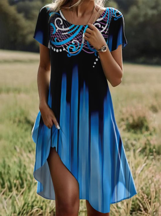 Damen Kurzarm Sommer Farbverlauf Kleid Rundhals Täglich Ausgehen Lässig Midi H-Linie T-Shirt-Kleid Blau