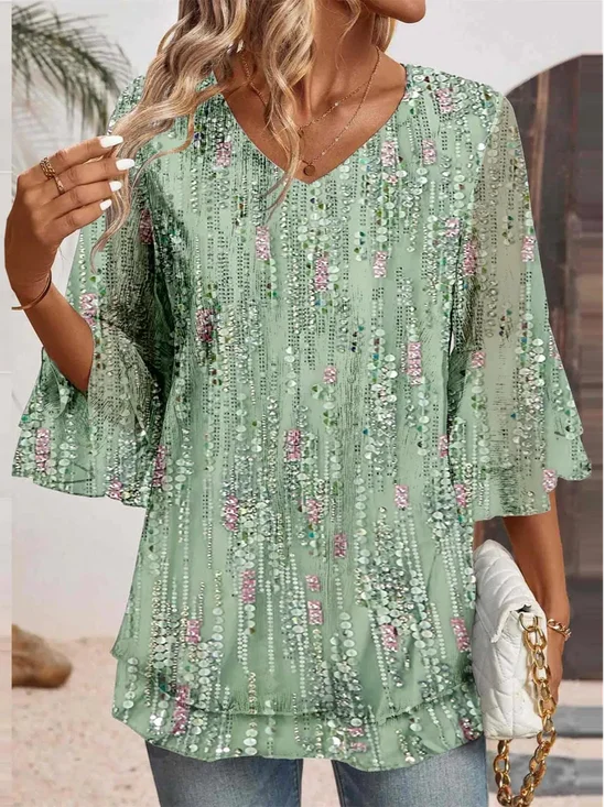 Damen Halbarm Bluse Sommer Geometrisch Jersey V-Ausschnitt Bell-Ärmel Täglich Ausgehen Lässig Oberteile Grün