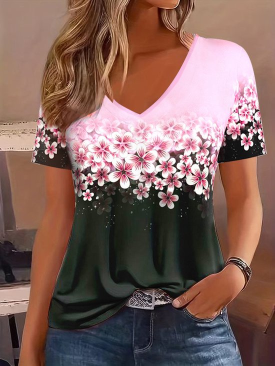 Damen Kurzarm T-Shirts T-Shirt Sommer Geblümt Print Gestrickt V-Ausschnitt Täglich Ausgehen Lässig Oberteile Pink