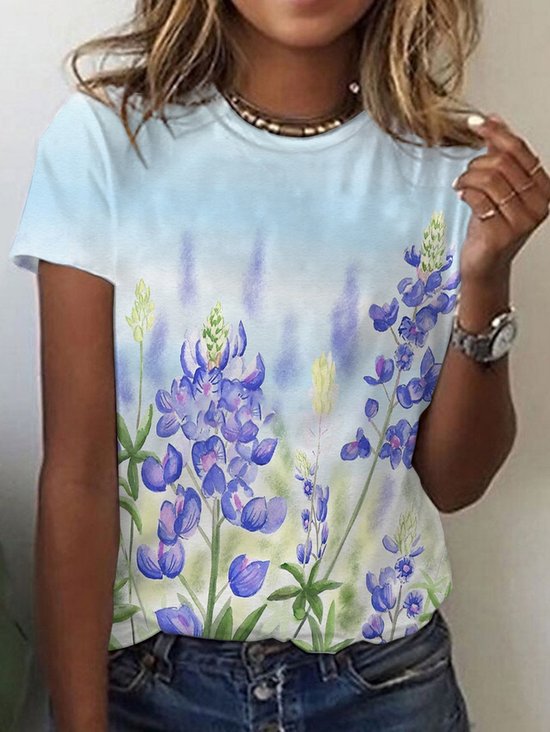 Damen Kurzarm T-Shirts T-Shirt Sommer Geblümt Baumwolle V-Ausschnitt Täglich Ausgehen Lässig Oberteile Blau