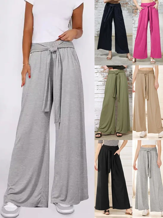 Damen Hose Elastische Taille Hose mit Weitem Bein Täglich Ausgehen Lässig Knoten an der Front Unifarben Frühling/Herbst Hose