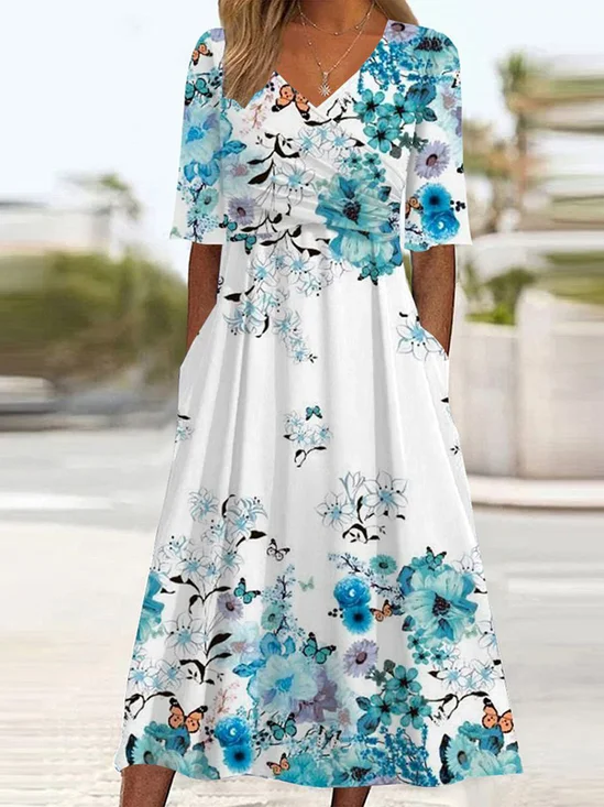 Damen Halbarm Sommer Geblümt Kreuz Kleid V-Ausschnitt Täglich Ausgehen Lässig Midi A-Linien Blau