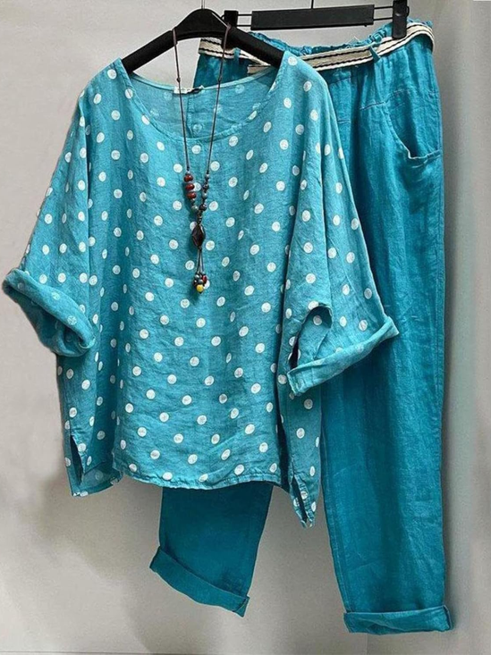 Damen Polka Dots Zweiteiliges Set Täglich Halbarm Lässig Sommer Bluse mit Hose Matching Set