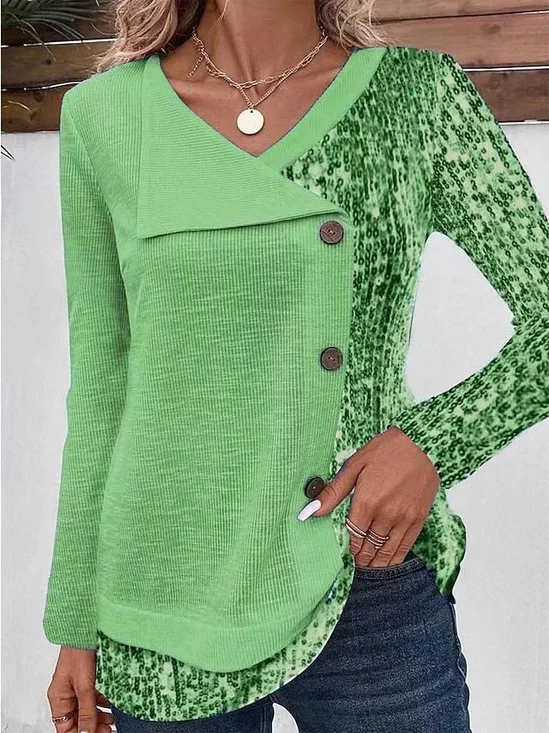 Blusen Damen Langarmshirts Frühling/Herbst Lässig Unifarben Geknöpft Jersey V-Ausschnitt Oberteile