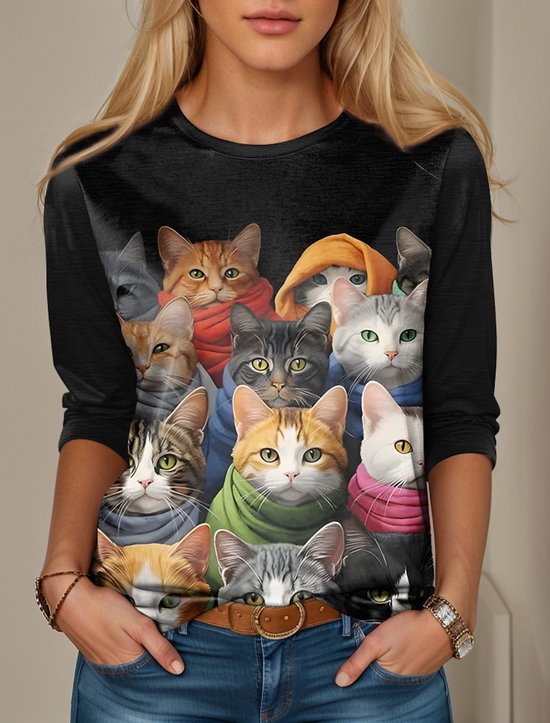 Damen Lässig Katze Langarm T-Shirts Frühling/Herbst Weit Jersey Oberteile