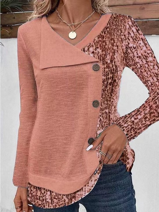 Blusen Damen Langarmshirts Frühling/Herbst Lässig Unifarben Geknöpft Jersey V-Ausschnitt Oberteile