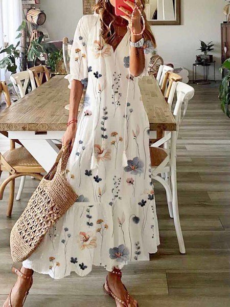 Damen Geblümt Dreiviertelärmel Frühling/Herbst Kleid V-Ausschnitt Täglich Lässig Maxikleid H-Linie Kleid