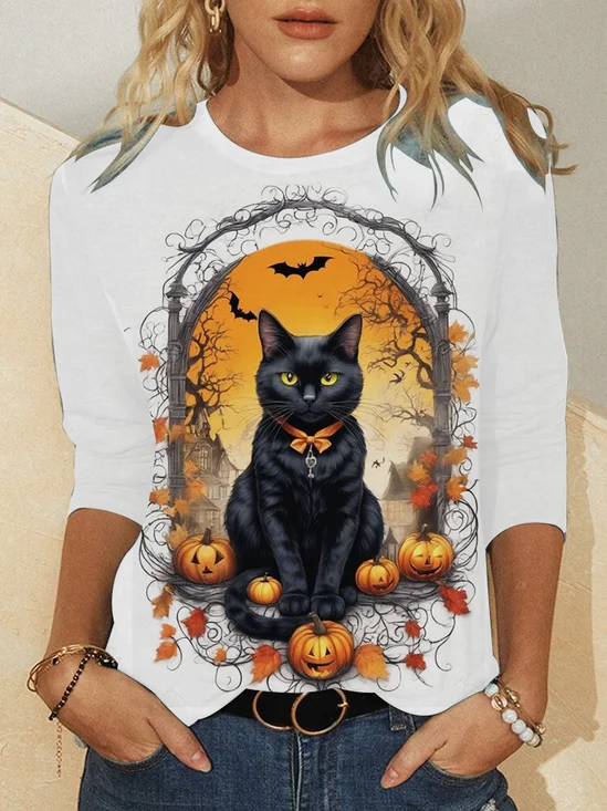 Damen Langarm T-Shirts T-Shirt Frühling/Herbst Katze Print Jersey Rundhals Täglich Ausgehen Retro Oberteile