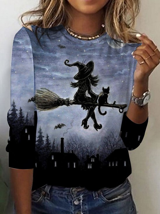Damen Langarm T-Shirts T-Shirt Frühling/Herbst Halloween Print Jersey Rundhals Täglich Ausgehen Retro Oberteile
