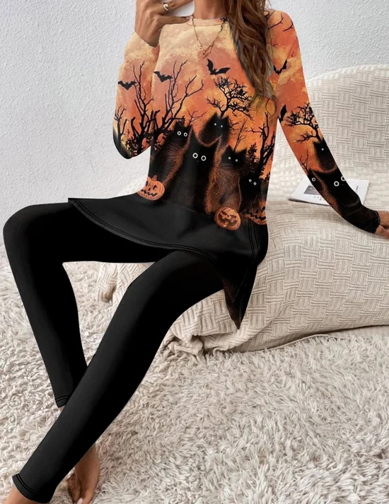 Damen Print Jersey Halloween Täglich Ausgehen Zwei Stücke Set Langarm Retro Frühling/Herbst Bluse mit Hose Matching Set