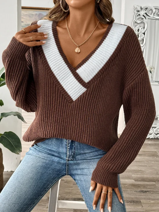 V-Ausschnitt Wolle/Stricken Langarm Weit Farbblock Lässig Pullover