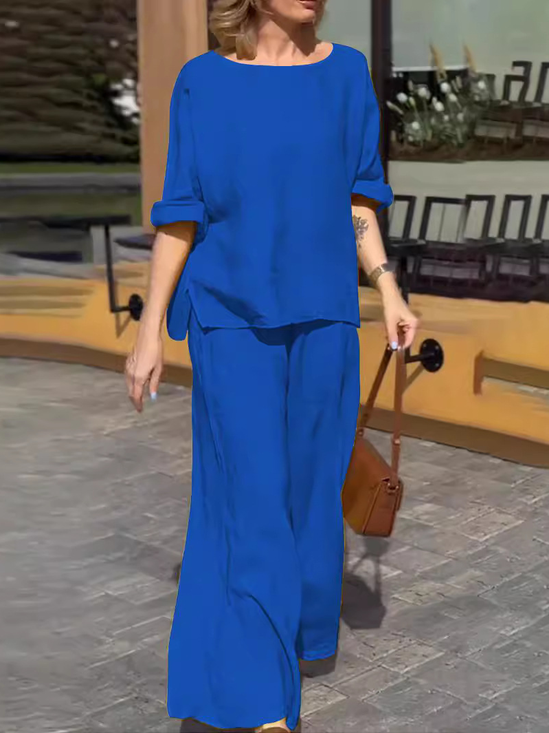 Damen Baumwolle Unifarben Täglich Ausgehen Zwei Stücke Set Halbarm Lässig Sommer Bluse mit Hose Matching Set